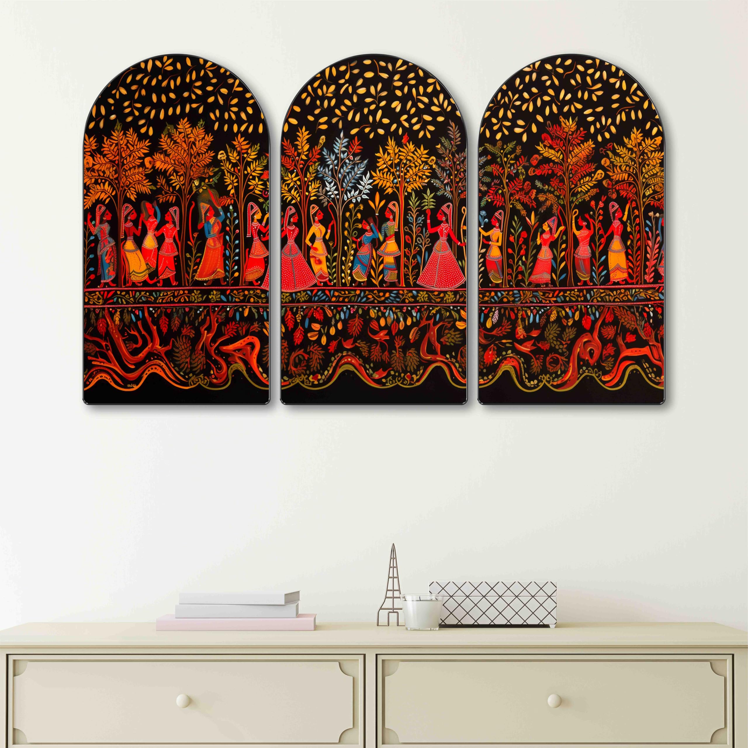 Livin'luxe Golden Tree Arch Shape 3 Panel Wall Painting Set -8 Livin'luxe Golden Tree Arch Shape 3 Panel Wall Painting Set -8