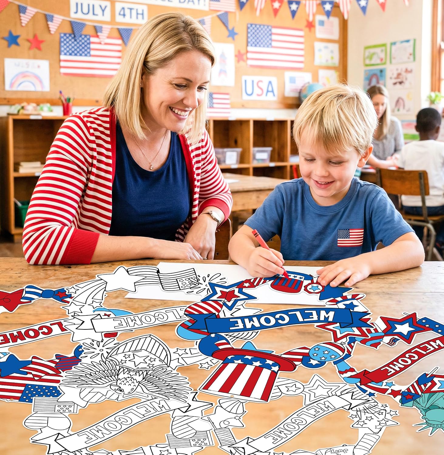 24Pcs Patriotic Coloring Wreath Crafts, 4th of July Color Your Own Crafts Blue Red White American DIY Paper Wreath Classroom Activities Games for 250th Anniversary Independence Day Home Decor Supplies image 5