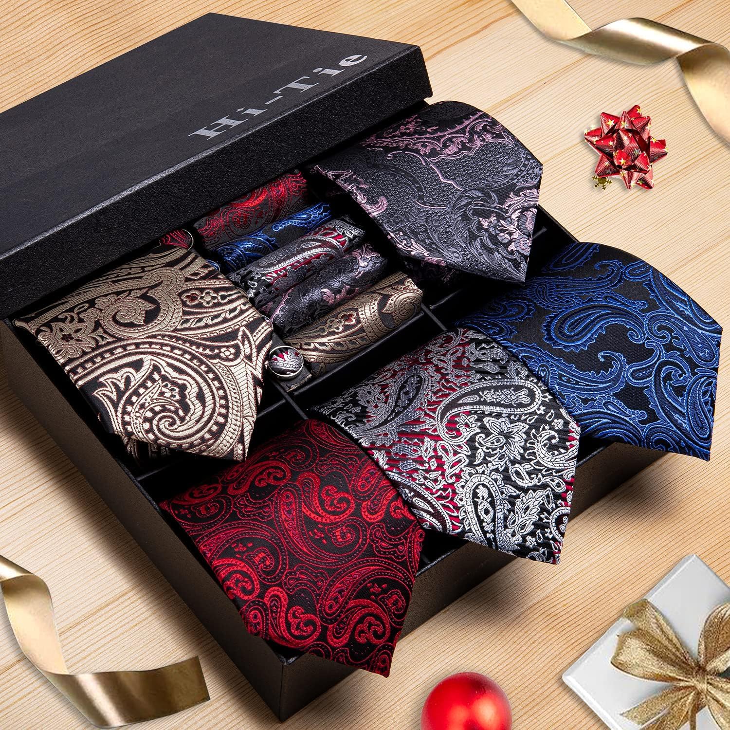 Hi-Tie Lot 5 Pcs Gift Box Mens Tie Set Necktie with Pocket Square Cufflinks Silk Neck Tie Collection