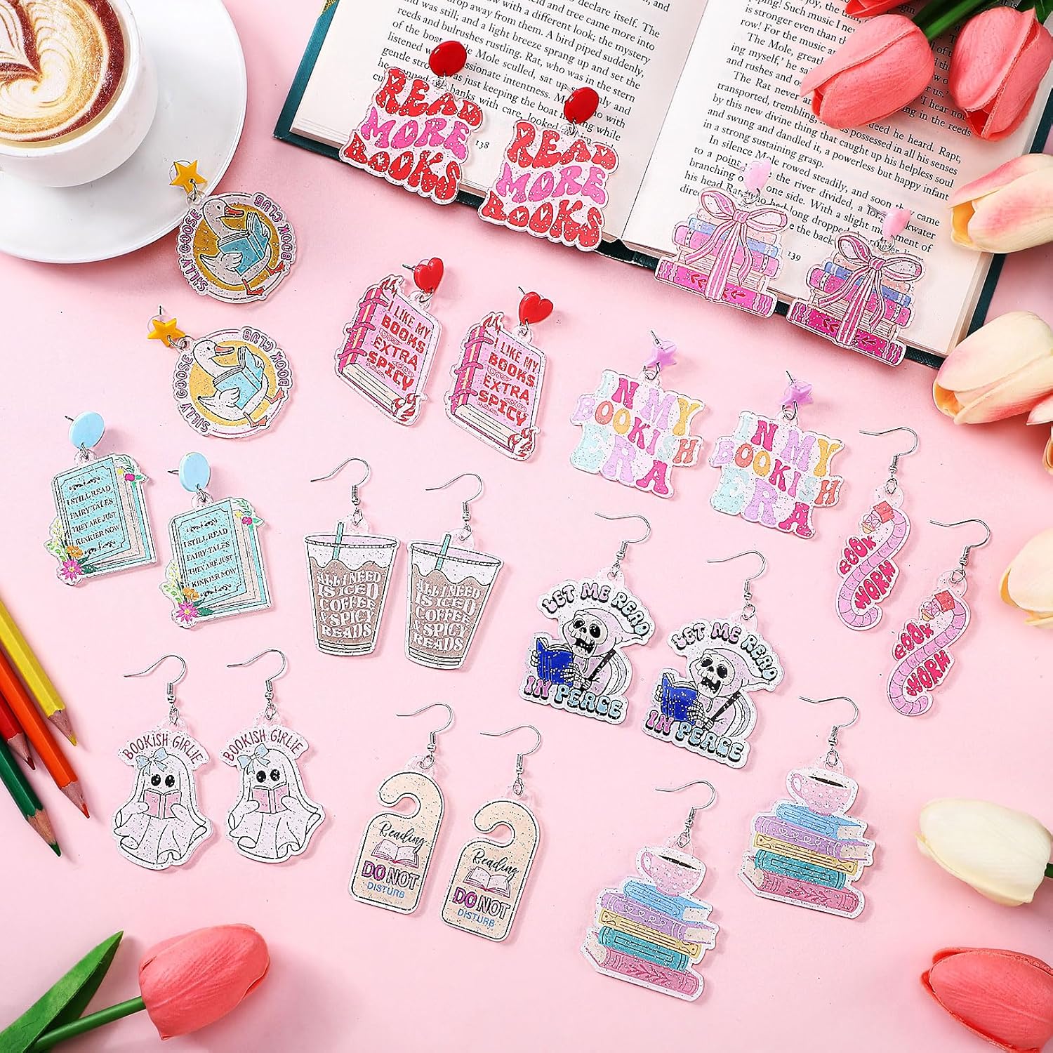 Nosiny 12 Pairs Glitter Acrylic Book Earrings for Book Lover Women Funny Reading Ghost Coffee Silly Goose Drop Dangle Earring Bookish Jewelry Accessories Supply for Bookworm Reading Lover Teacher Gift - Image 4