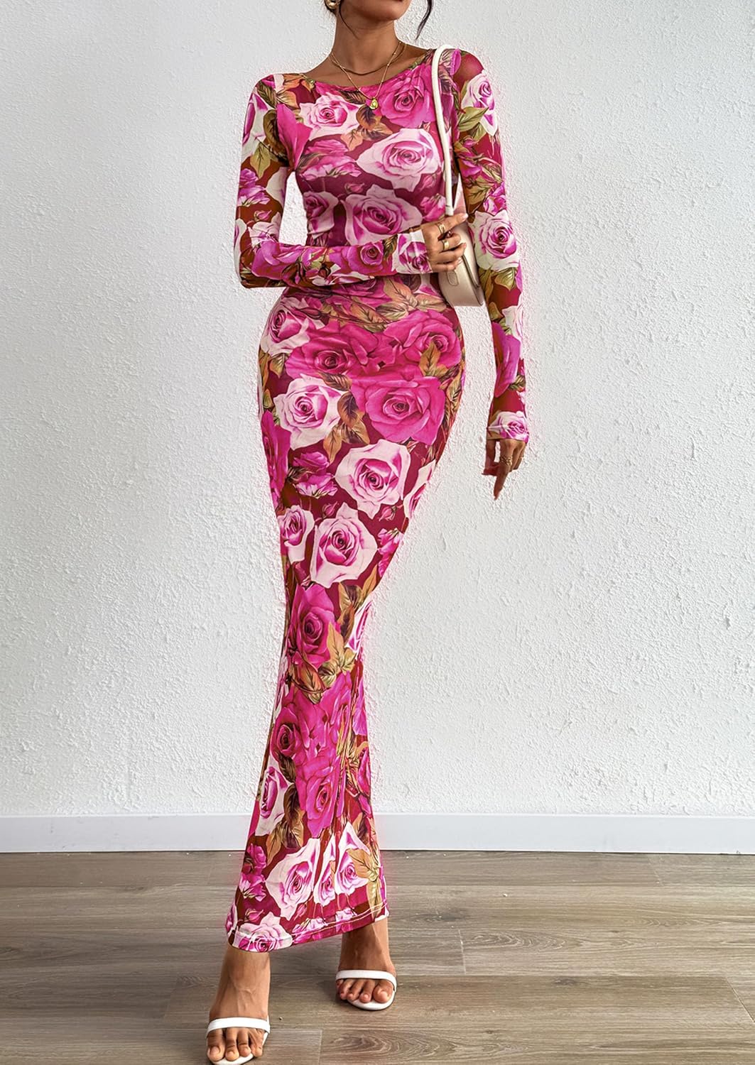 PRETTYGARDEN Bodycon Maxi Dress 2025 Fall Floral Long Sleeve Sexy Mesh Cocktail Wedding Guest Long Dresses - Image 8