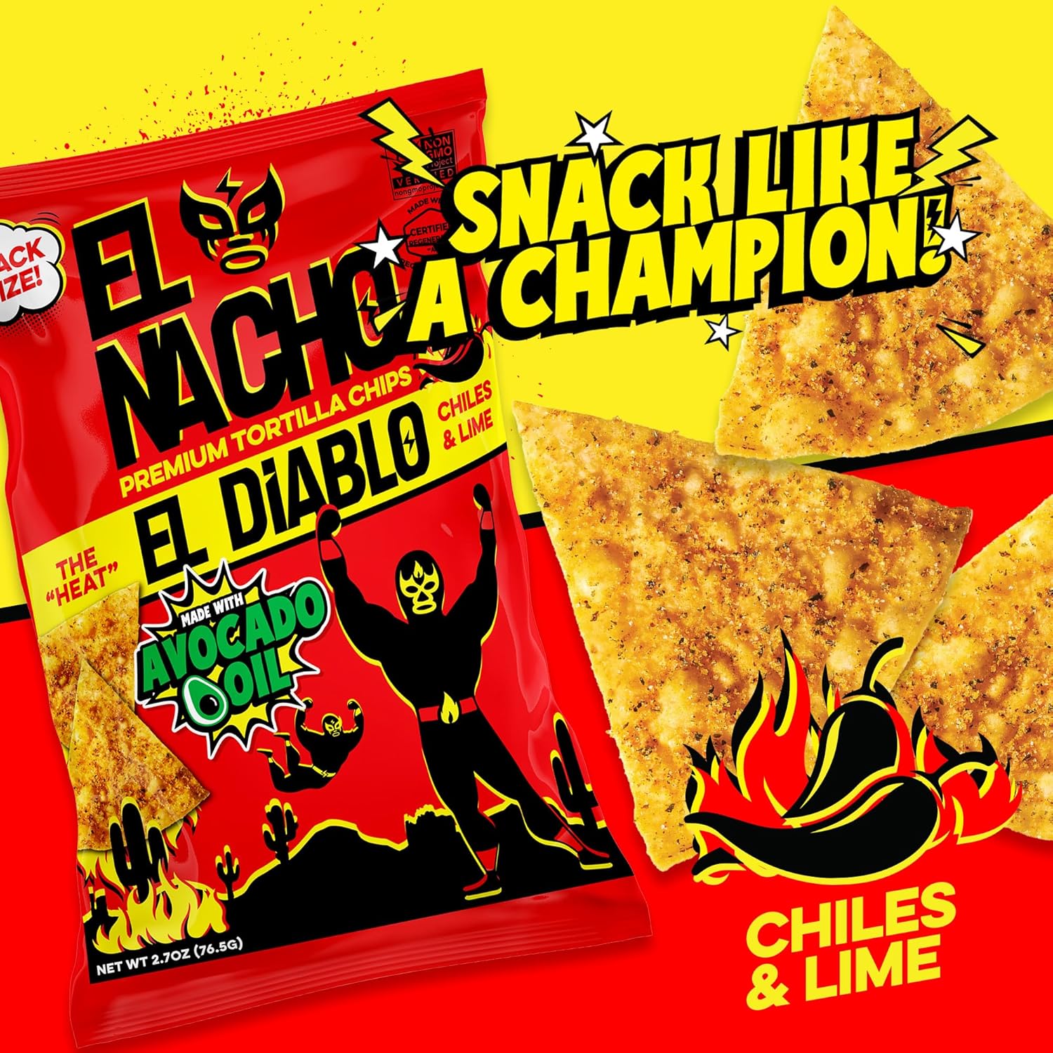 El Nacho Premium Tortilla Chips – Cooked in 100% Avocado Oil, Regeneratively Grown Corn, Non-GMO, Gluten-Free, Vegan, Kosher - Pack of 36 2.7oz Bags - (El Diablo (Chiles and Lime))