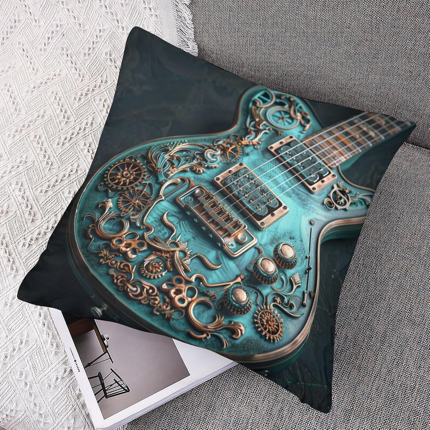 Fantasy Steampunk Guitar Pillowcases Set of 2 Cushion Case for Couch Bed Sofa, Funny Music Art Deco Throw Pillow Covers for Living Room Bedroom, 20x20 inch