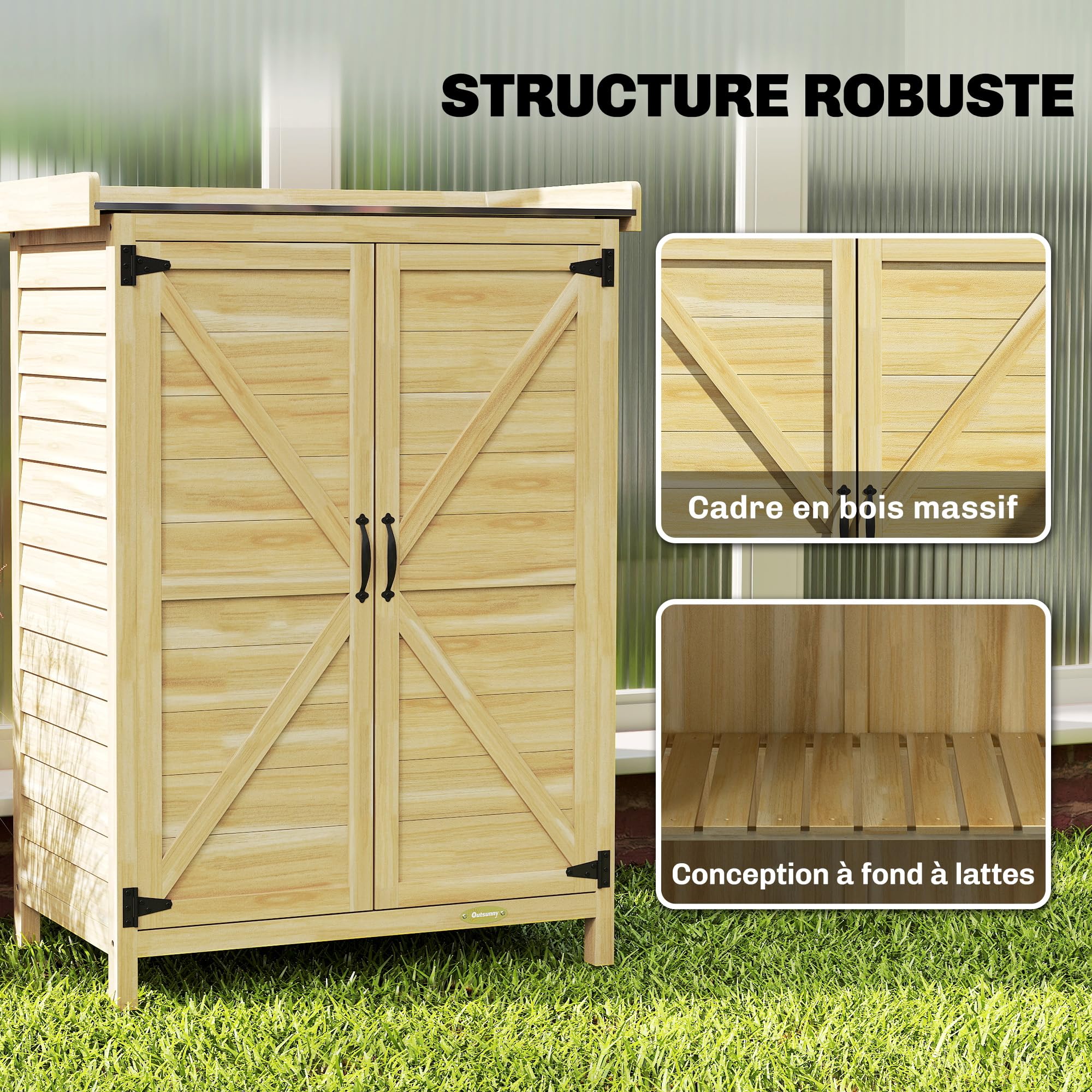 Outsunny Armoire de Jardin en Bois, Armoire extérieure de Rangement avec étagère et Crochets, Plan de Travail en métal galvanisé, Table de rempotage pour Balcon et terrasse 71,5x39x95 cm Bois Naturel