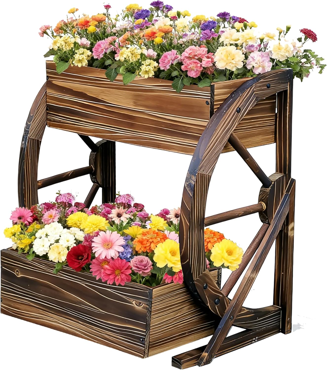 Wooden Wagon Garden Planter Box with Wheels-Indoor/Outdoor Decor for Patio, Backyard, Balcony-Country Farmhouse Flower Box-2 Tier Rustic Garden Raised Bed for Flowers, Herbs, Vegetables