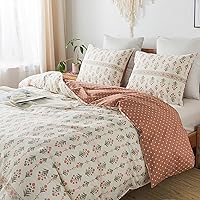 Vista 65 de HoneiLife Juego de funda de edredón floral 100% algodón, 3 piezas, suave, ropa de cama botánica con cierre de cremallera y lazos en las esquinas