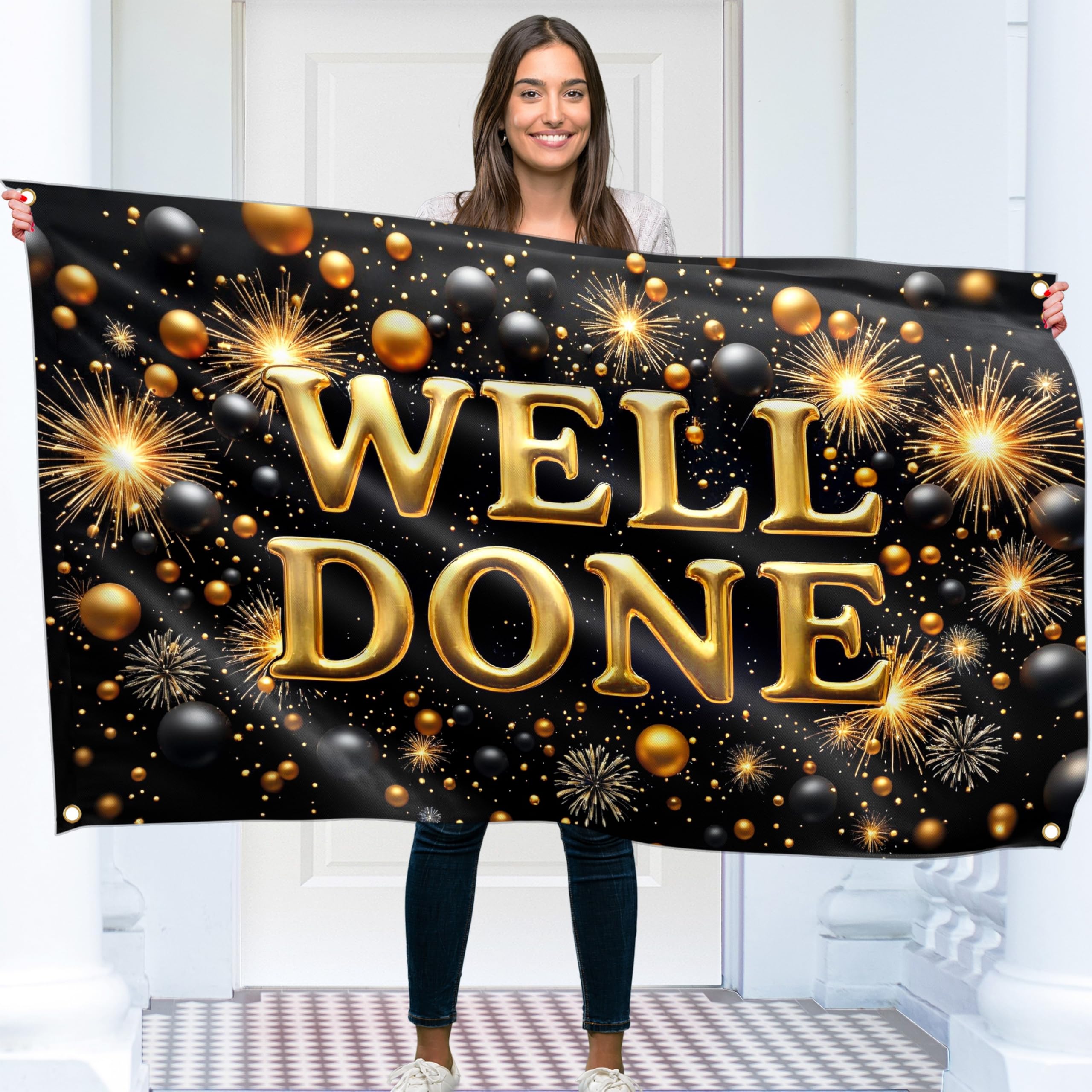 Congratulations Banner - Graduation Decorations 5ft x 3ft - Well Done Banner - We are so Proud of You – You Did It (Black & Gold)