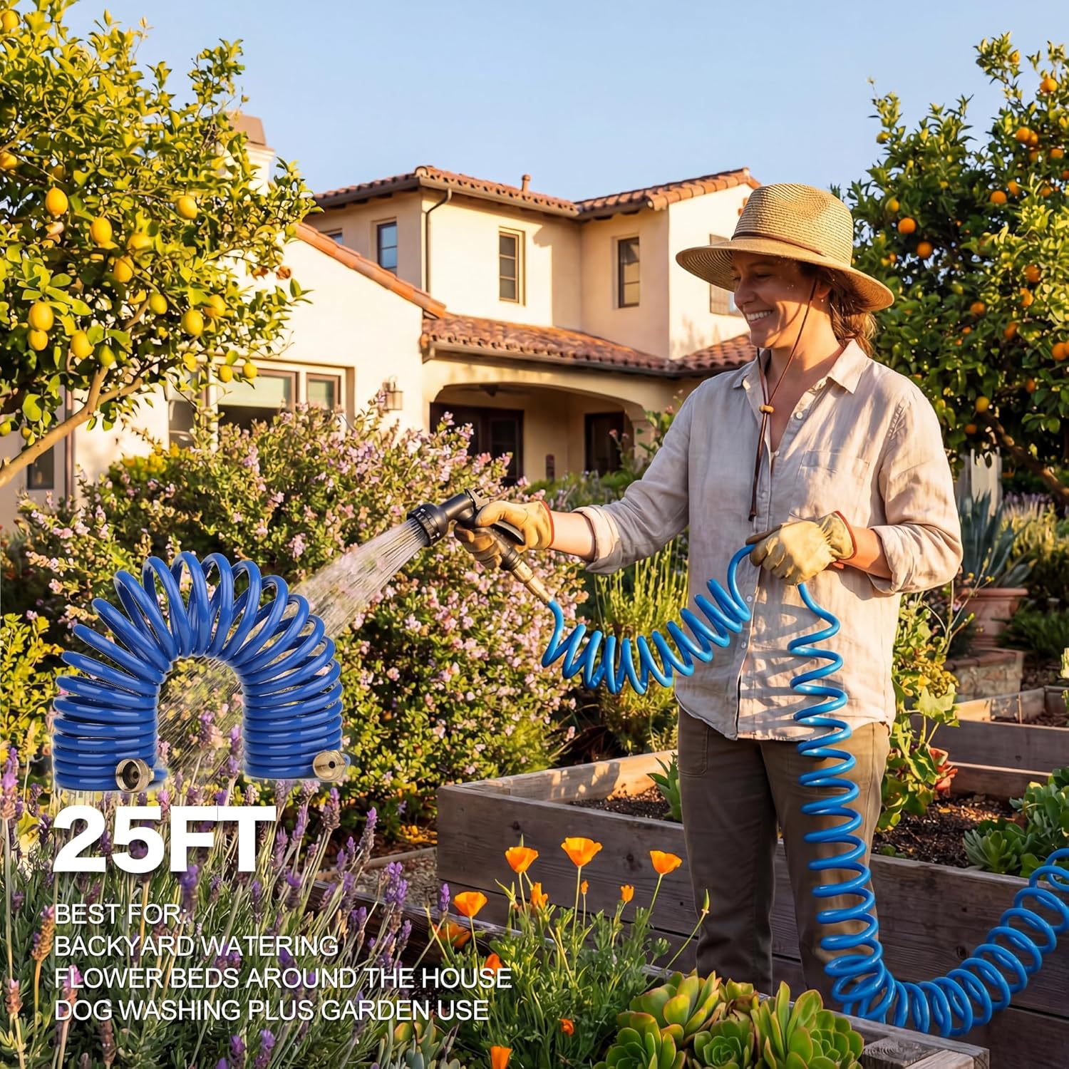 EVA Coil Garden Hose for Gardener: Retractable Self Coiling Hoses with 3/4" GHT Solid Brass Fittings - Kink Free and Flexible for Home and Garden Yard (25FT, Blue)
