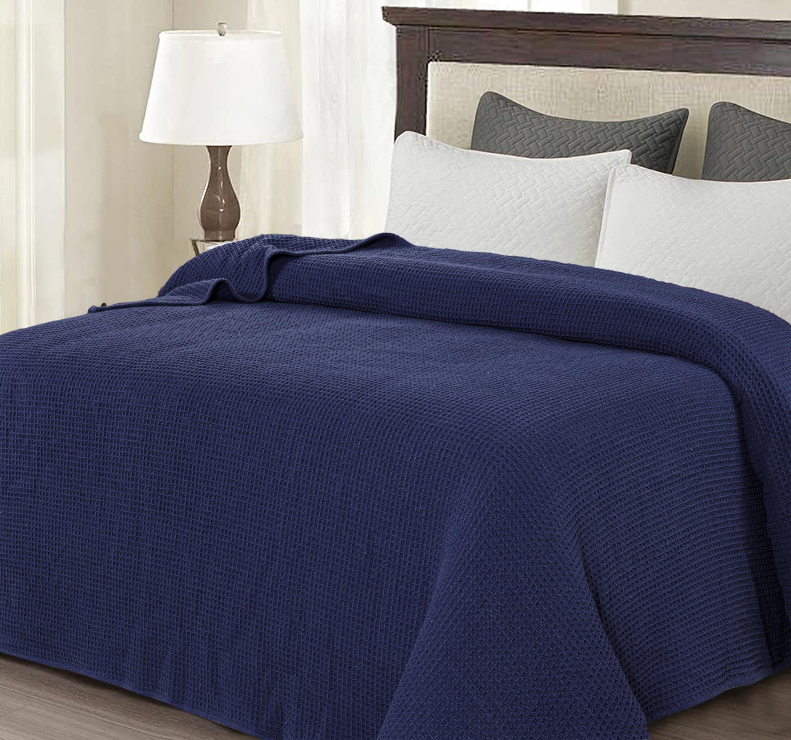 100% Cotton Waffle Weave Blanket – Lightweight Breathable Throw For Bed & Couch, King 90x108, Blue