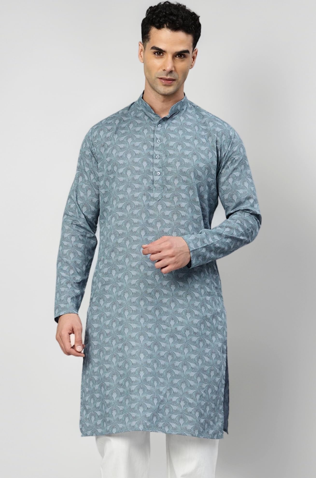 Majestic Man Men's Cotton Regular Fit Casual Mandarin Collar Ethnic Motifs Printed Long Regular Kurta