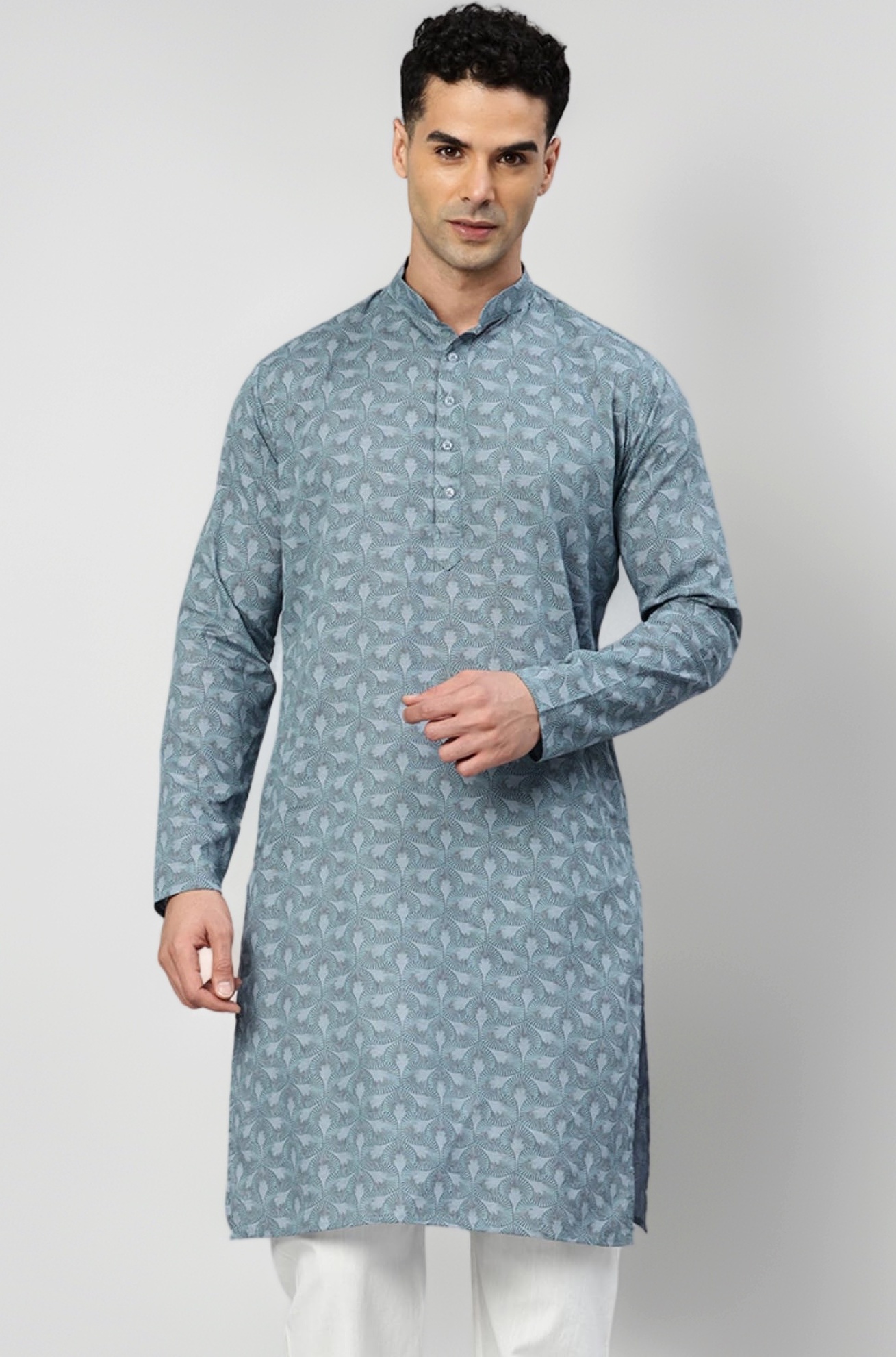 Majestic Man Men's Cotton Regular Fit Casual Mandarin Collar Ethnic Motifs Printed Long Regular Kurta