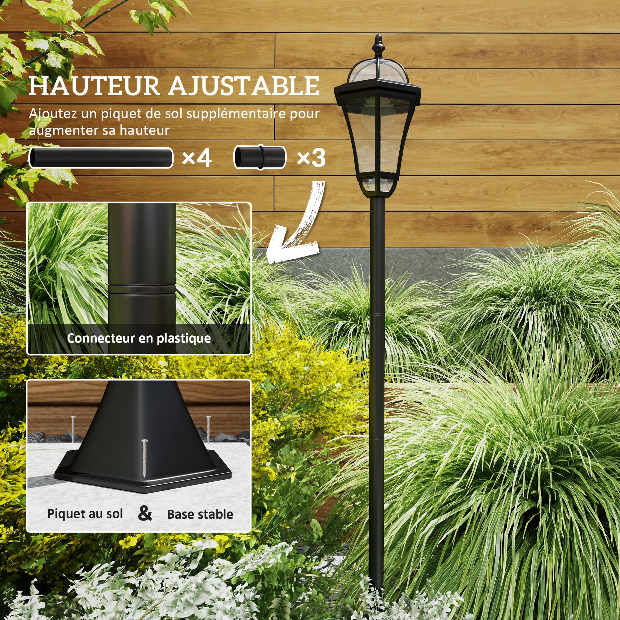 Outsunny 2 lampadaires sur pied solaires extérieur 6000K étanche noir