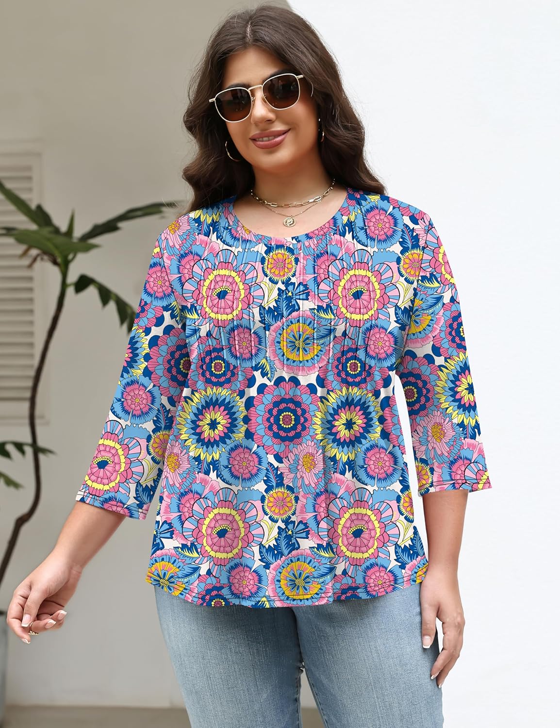 TFSDOD Womens Plus Size Tops 3/4 Length Sleeve Womens Tops Crewneck Pleated Boho Tunic Casual Shirts XL-5X - Image 2