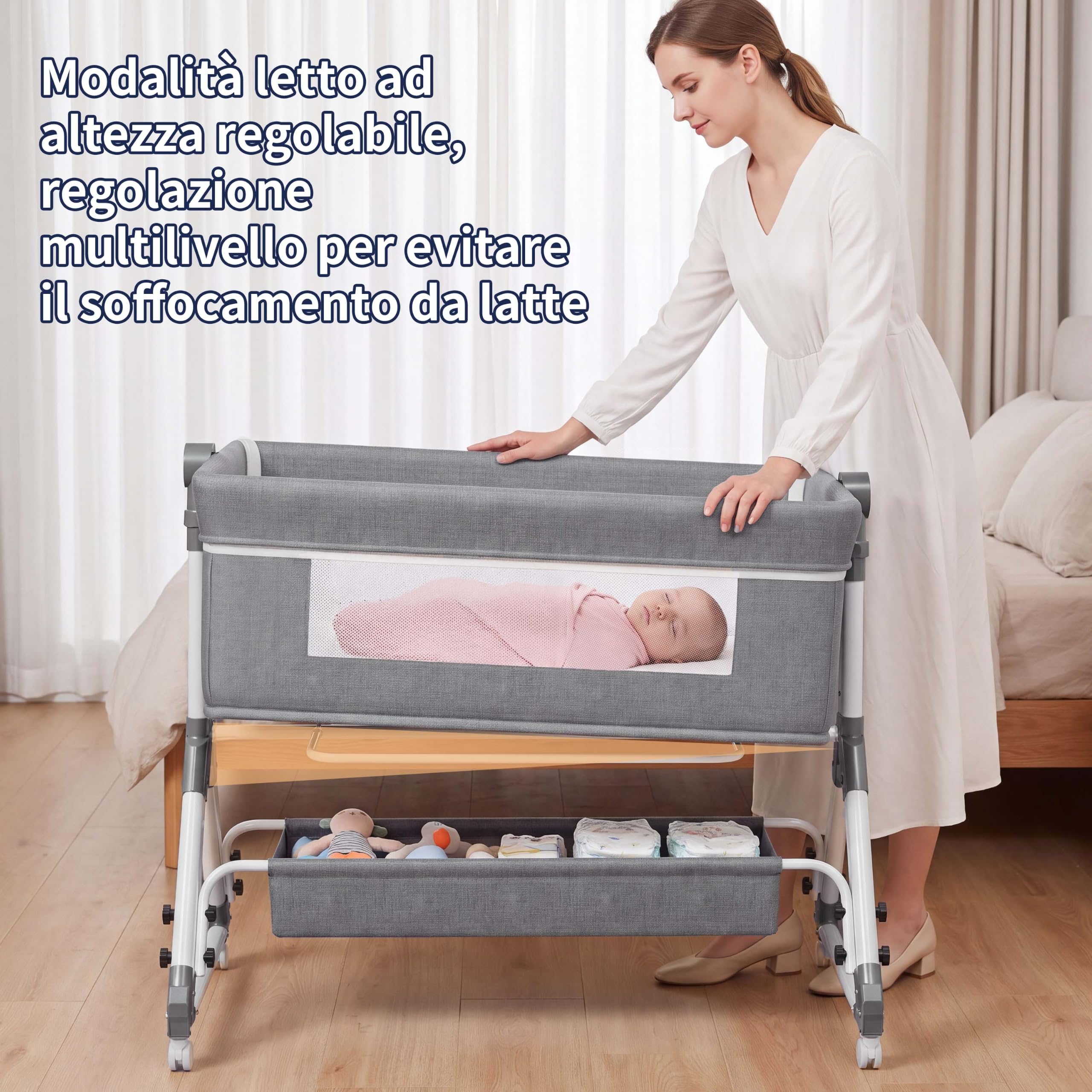 5-in-1 neonato culla neonato, Culla Co-Sleeping, Ruote con Blocco e Dondolo, Parete aperta rete traspirata， Zanzariera, Materasso e Borsa inclusi (Grigio G1)