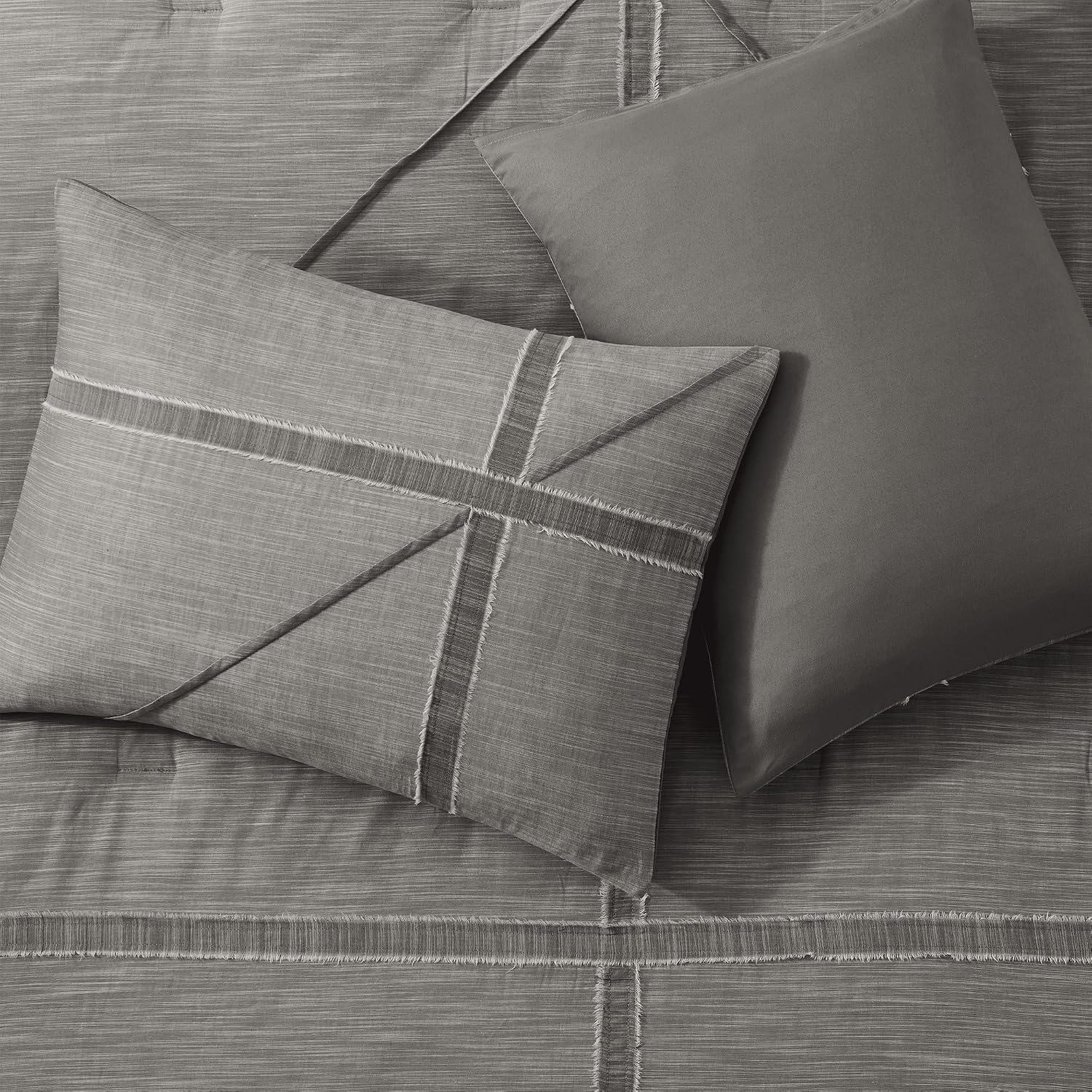 Wonderful Black Grey Comforter Set King Size Cotton Bedding Set, Yarn-Dye Weaved, Slub Textured Jacquard, Hotel Style, Geometric Raw Edge Sticker Lightweight Comforter with Pillowshams for All Season