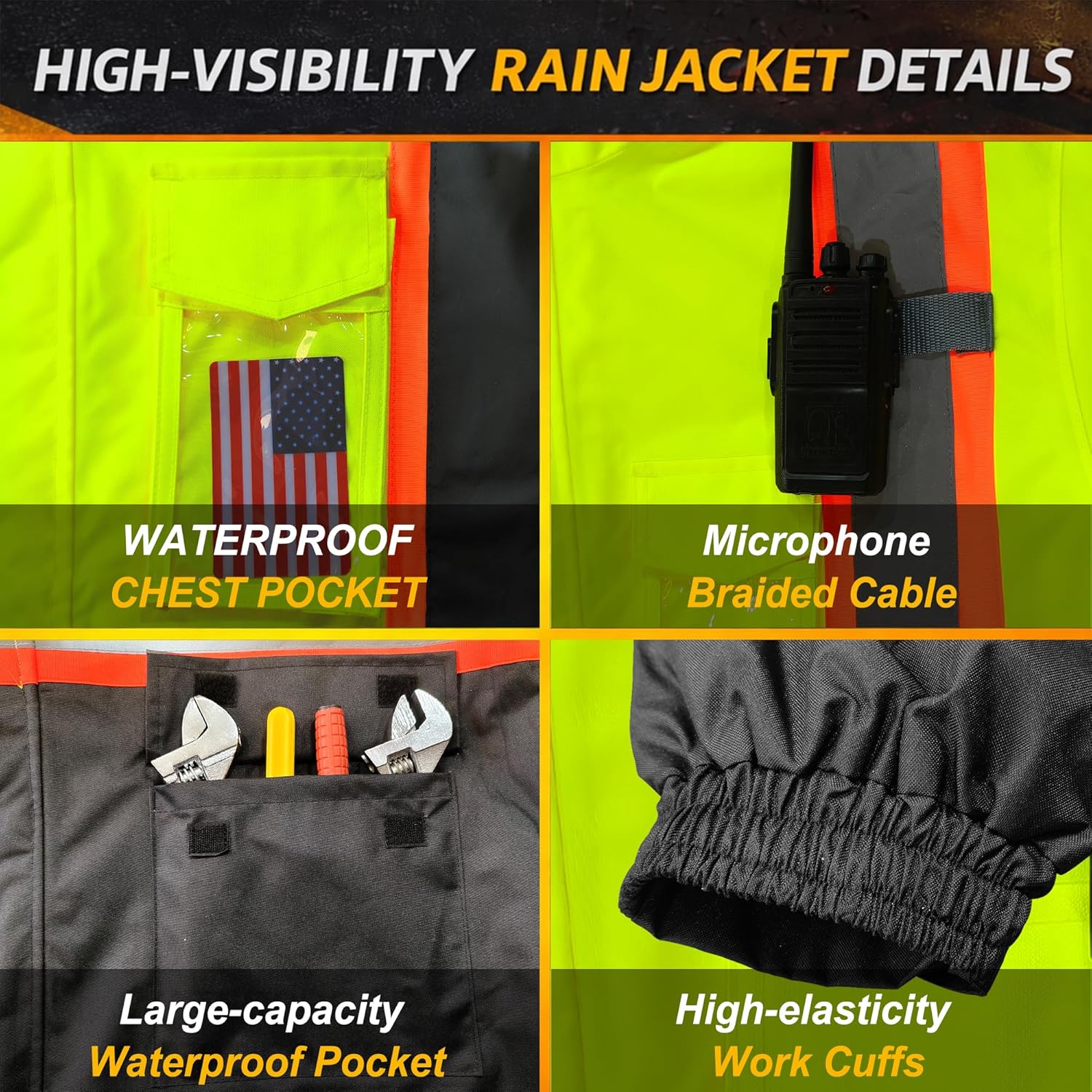 High Visibility Reflective Rain Jacket for Men, ANSI Class 3 Waterproof Hi Vis Safety Rain Gear & Rain Coat for Construction and Road Work, Yellow with Black Bottom (2XL/3XL)