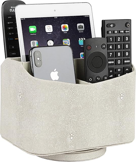 HofferRuffer PU Leather Desktop Holder, Remote Control Storage Rack, Rotating Holder with 5 Containers, Compartments for TV Guide/Mail/CD Organiser/Caddy/Holder Media Storage Box (ShagreenBeige)