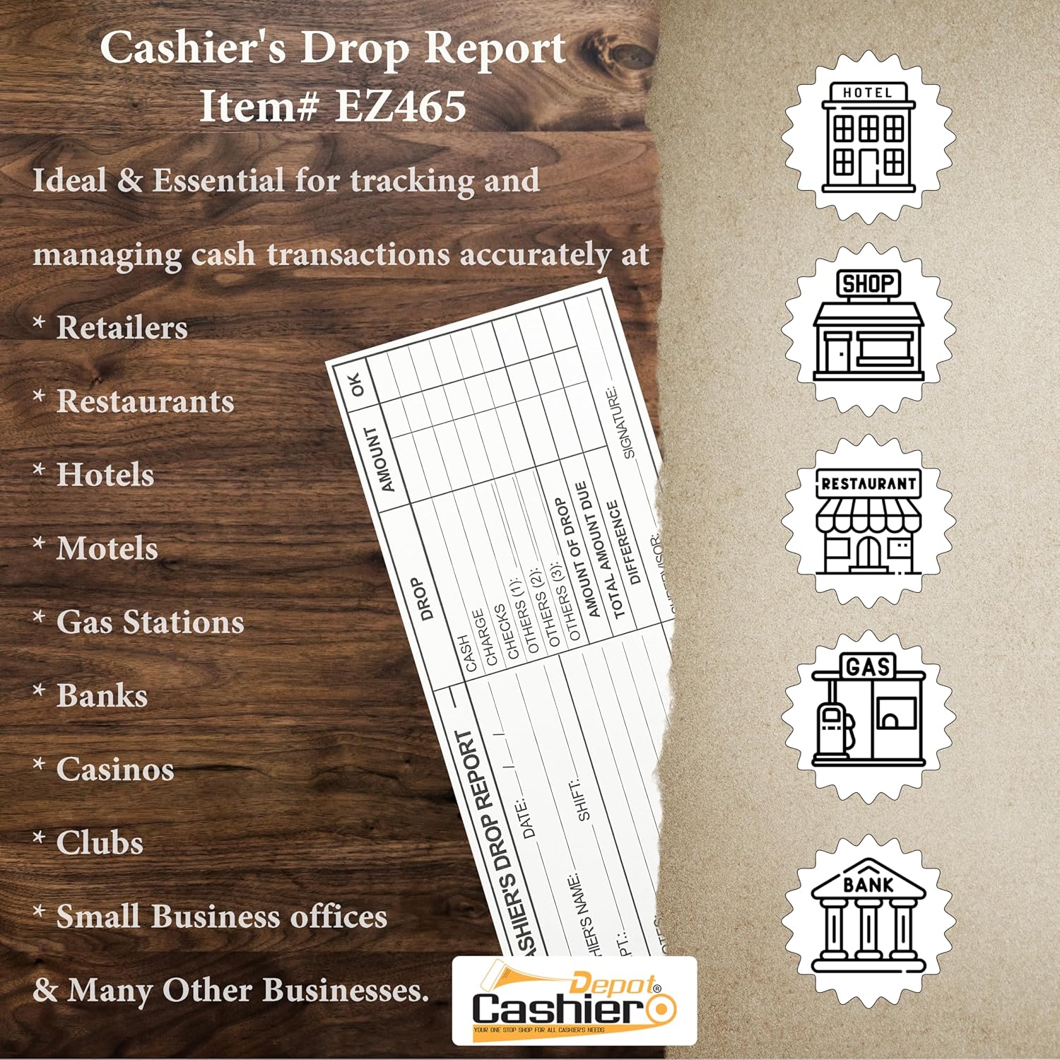 500 Cashier Depot EZ465 Cashier's Drop Report Envelope, 4 1/8" x 9 1/2", Sturdy 24lb. White, Cash Envelopes For Hotels, Restaurants, Gas Stations & Retailers (500 Envelopes) - Image 3
