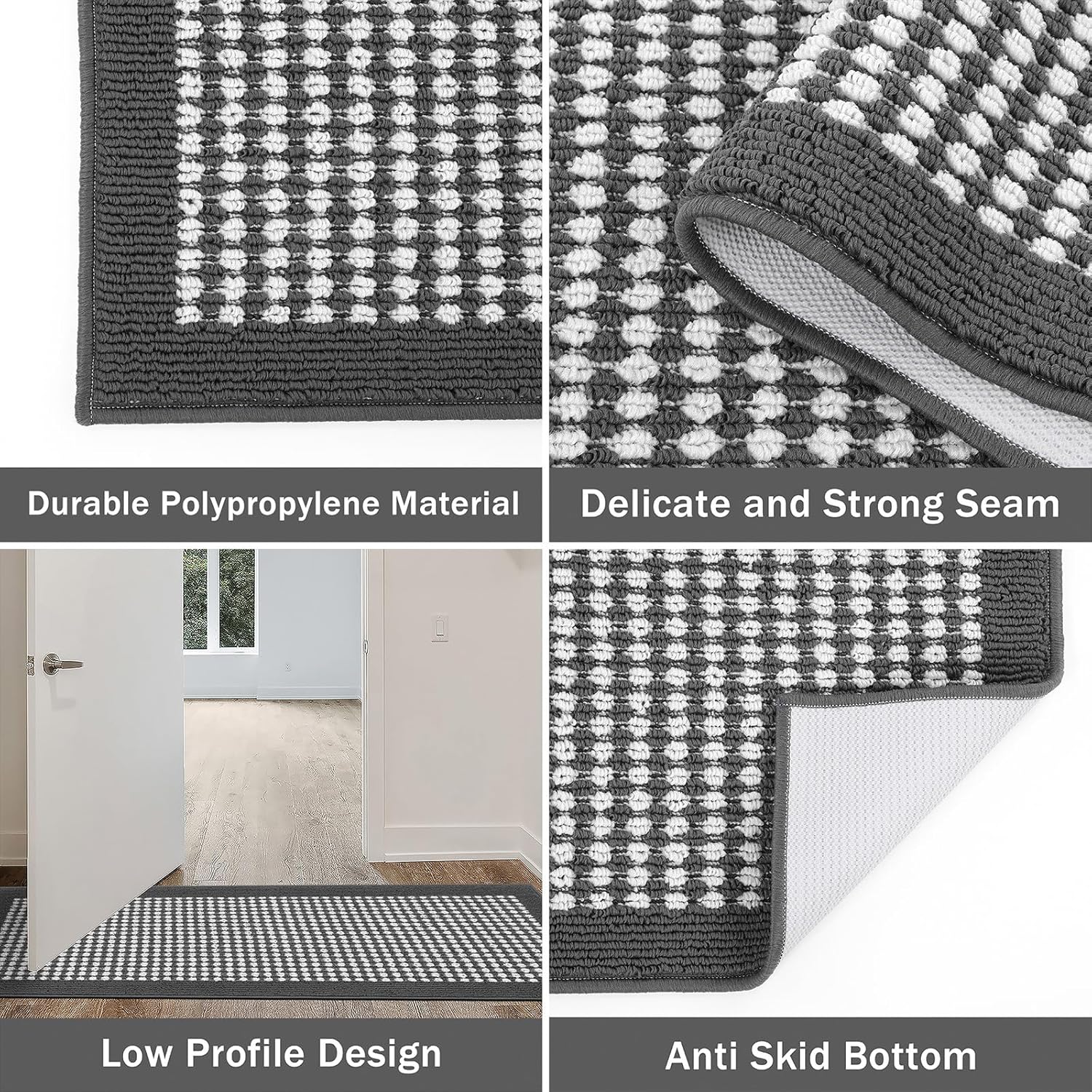 Ileading Kitchen Mat Sets 3 Piece Minimalist 3D Lattice Kitchen Floor Rugs with Non Slip Rubber Backing Machine Washable Farmhouse Runner Rugs for Laundry Hallway Doormat(Dark Gray)