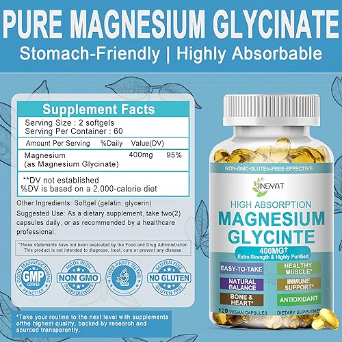 Miniatura 7 de Cápsulas blandas de glicinato de magnesio 400 mg  Suplementos de magnesio quelado de alta absorción para el estrés, el sueño, los músculos, los
