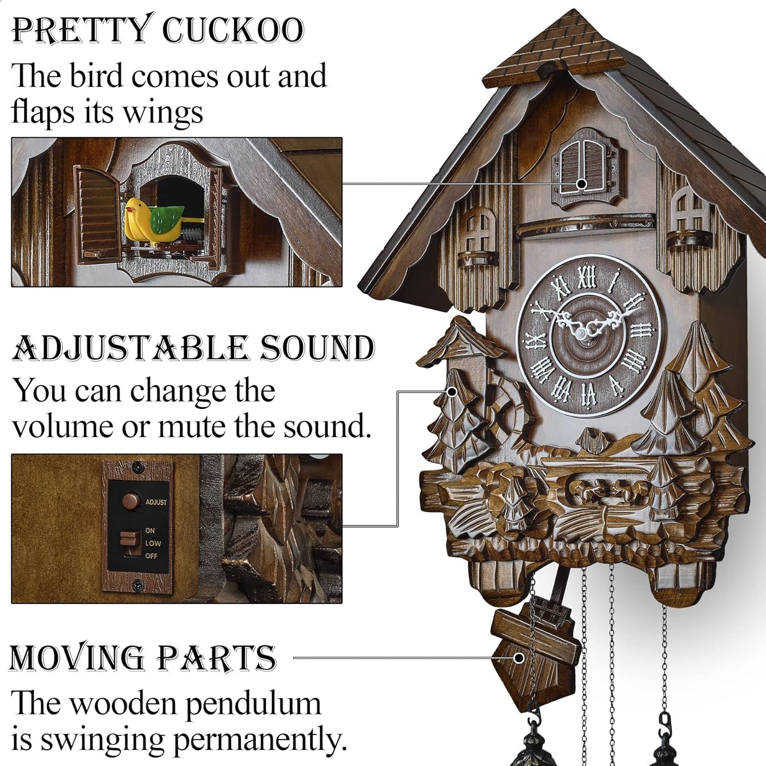 TIMEGEAR Cuckoo Clock with Quartz Movement and Automatic Night Mode (Cherry)