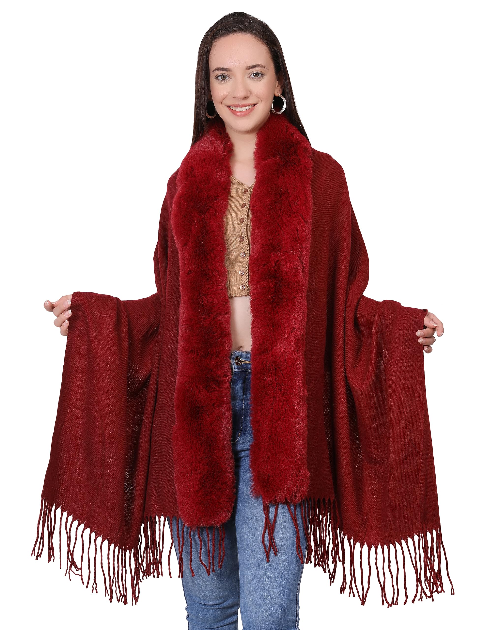 Manra Women's Solid Faux Fur Border Stole Shawl Warm Wrap Cape for Winters (SC 14)-picture-49