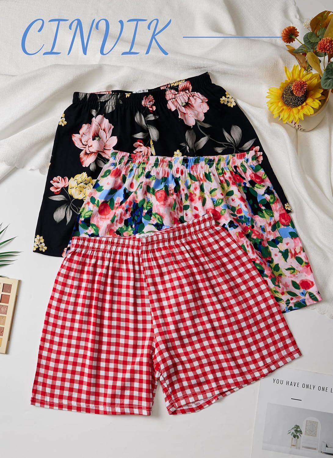 Boxer Shorts for Women Sleep Shorts Women's Pajama Bottoms Gingham Checkered Plaid Striped Printed Pjs 3 Pack - Image 7