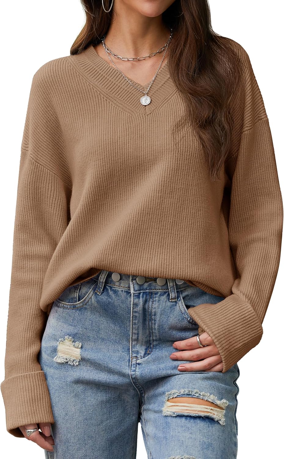 YUCOLEN Womens Long Sleeve Tops V Neck Sweater Pullover Casual Loose Fit Sweater Tunic Fall Fashion Clothes