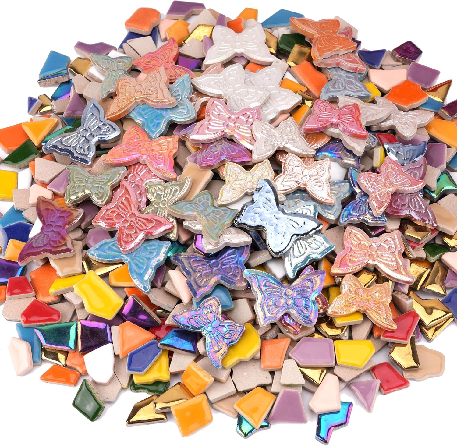 2.5 lb Mosaic Ceramic Tiles for Crafts - (800g Irregular Tiles + 330g Butterfly Pieces), Assorted Ceramic Mosaic Pieces for DIY Plates, Flowerpots, Vases, Cups & Home Decor
