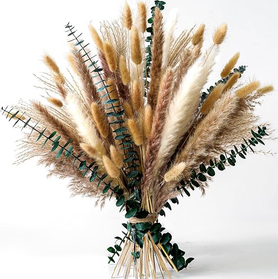 Pampas Grass Decor, Dried Flower Bouquet with Bunny Tail Grass, Pampas Grass & Eucalyptus, Boho Centerpieces for Tables & Floors - Dried Floral Arrangement, Fall Grass & Stylish Olive Green Wall Decor