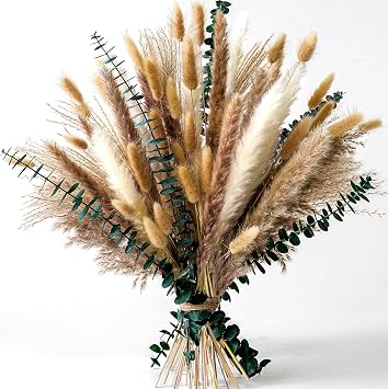 Pampas Grass Decor, Dried Flower Bouquet with Bunny Tail Grass, Pampas Grass & Eucalyptus, Boho Centerpieces for Tables & Floors - Dried Floral Arrangement, Fall Grass & Stylish Olive Green Wall Decor