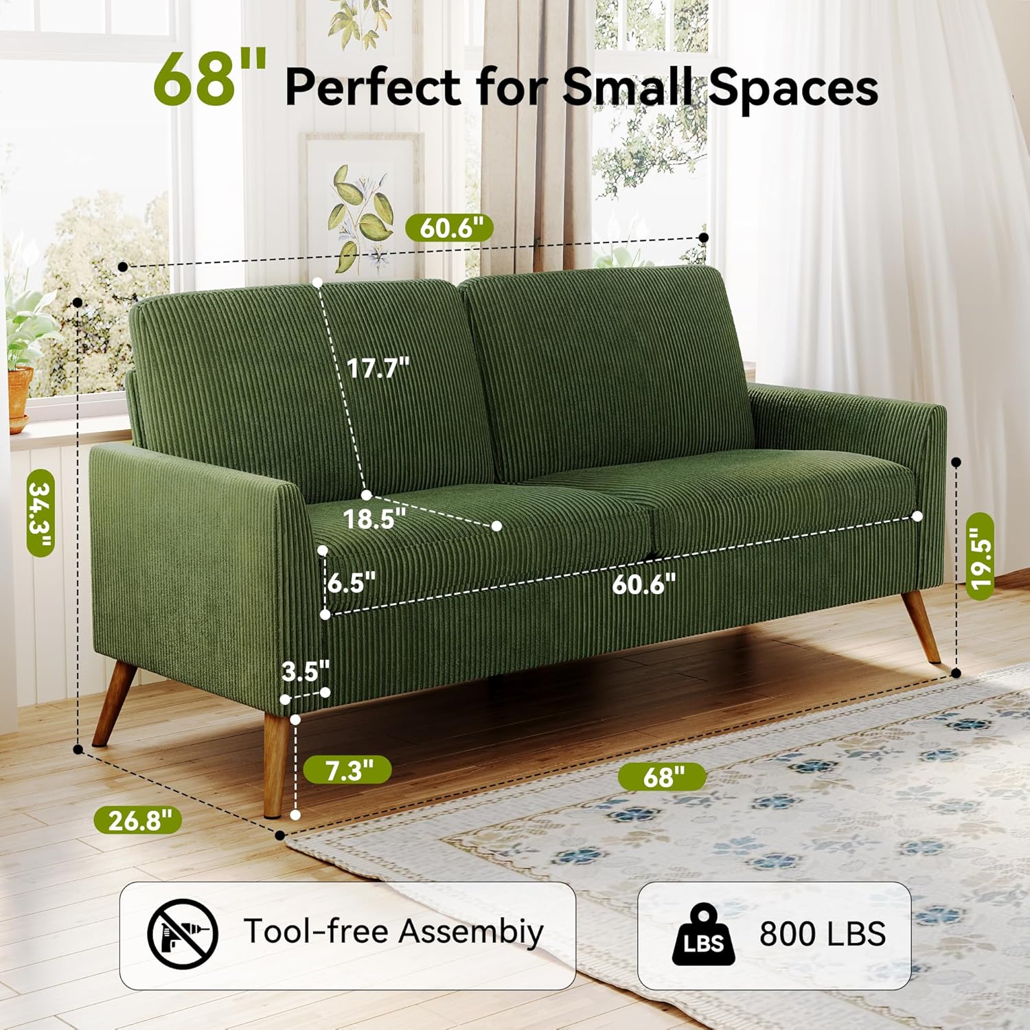68" Loveseat Sofa, Comfy Green Corduroy Couches for Living Room, Mid Century Modern Love Seat Sofa, Tool-Free Setup Small Couches for Bedroom Office