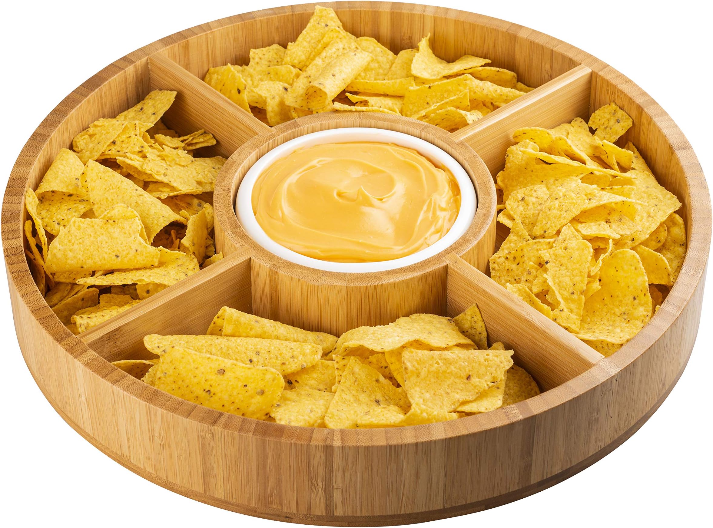 Chip and Dip Serving Tray with Ceramic Dip Bowl – Large Bamboo Dip Platter Tray for Event Use – Appetizer Server for Salsa, Nacho, Guacamole, Taco Chip, Snacks and More