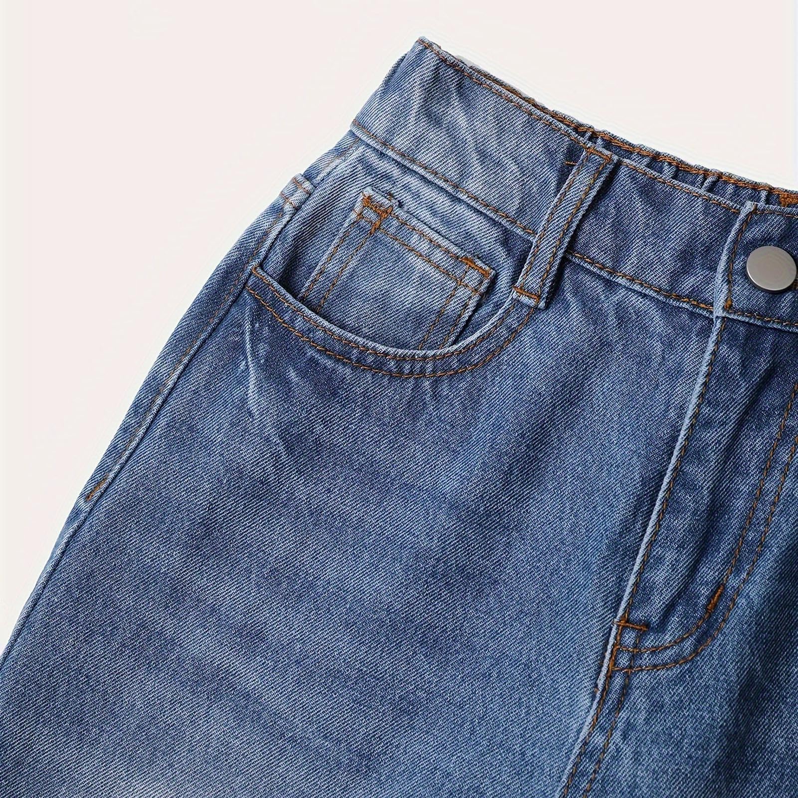 Jeans per Ragazze, Pantaloni Larghi in Denim a Gamba Larga, Vita Alta Elasticizzata, Pantaloni con Fiocco Carini, Casual, Abbigliamento da Strada per bambini7