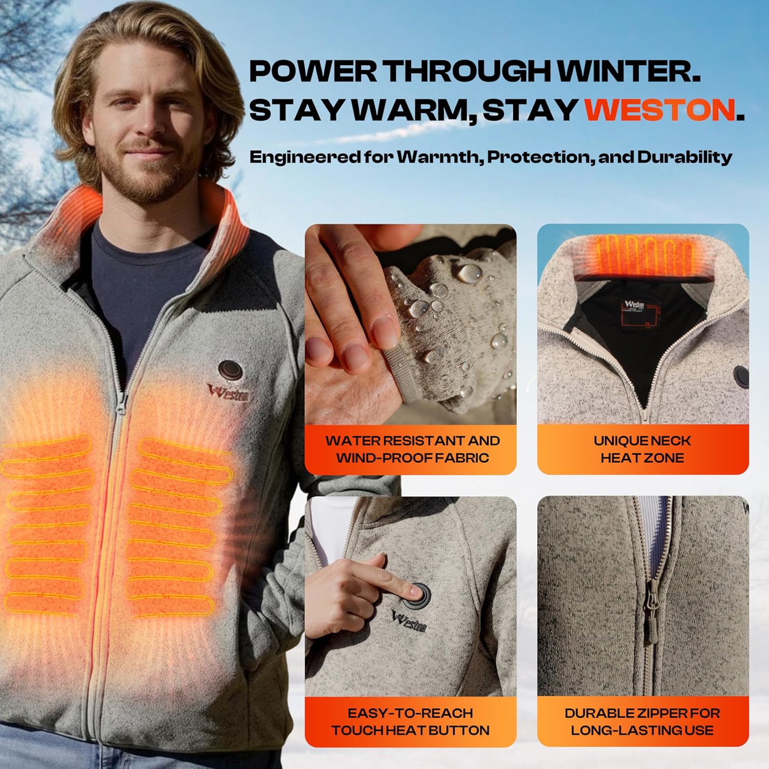 Weston Men’s Heated Jacket, 4 Heating Zones, 7.4V, 4800 mAH Rechargeable Battery | Water Resistant Heated Jackets for Men - Image 5