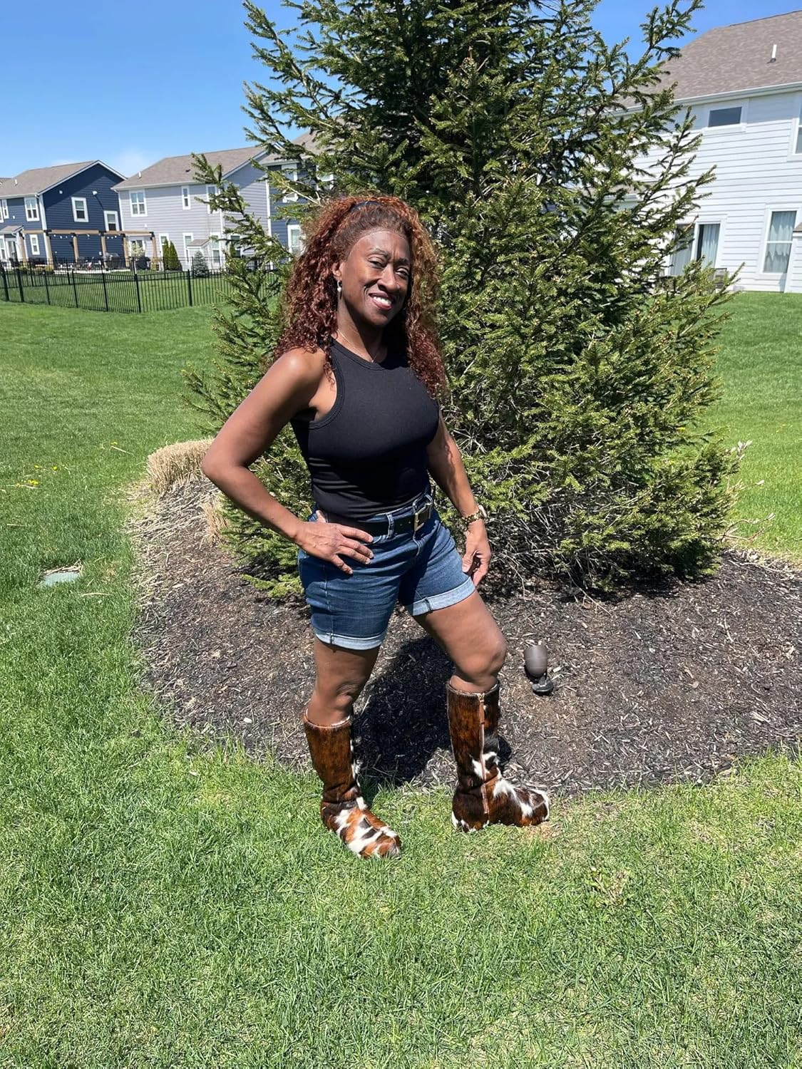 XOBZJH Women’s Wide Calf Cowgirl Boots – Handmade Knee-High Country Cowboy Winter Boots with Genuine Calf Hair, Shearling Lining & Platform Sole, Retro Western Style - Image 3