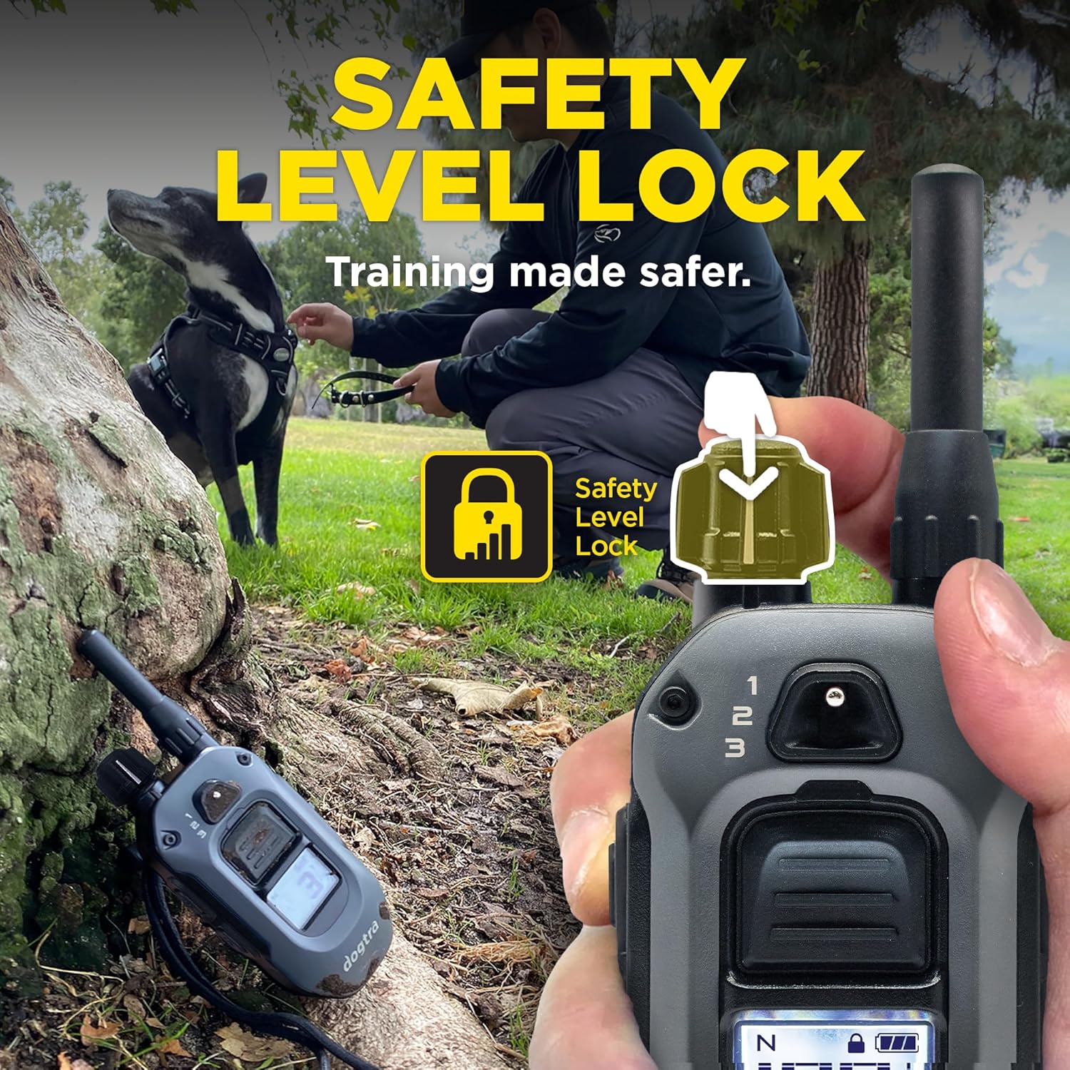 Dogtra X-Series X1 E-Collar Remote Transmitter showing the safety level lock feature with a dog and trainer in the background.