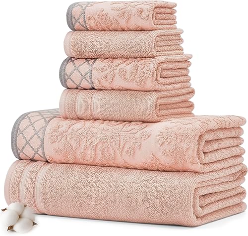 Modern Threads Juego de 6 toallas de damasco jacquard/sólido ultra suave 550GSM 100% algodón peinado con bordes adornados [melocotón]