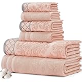 Modern Threads 6-Piece Damask Jacquard/Solid Ultra Soft 550GSM 100% Combed Cotton Towel Set with Embellished Borders [Peach]