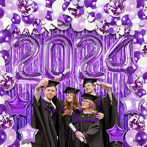 Miniatura 8 de KatchOn, Juego de decoraciones de fiesta de graduación moradas enormes, paquete de 134  Kit de arco de globos 2024 con telón de fondo de flecos