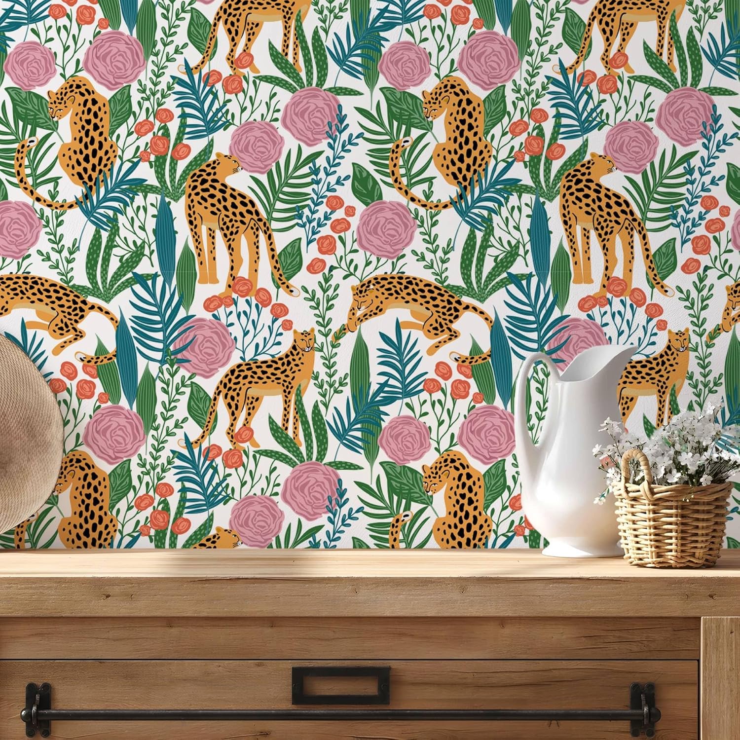 Floral Wallpaper Peel and Stick Leopard Jungle Animal Wallpaper Cheetah Removable Contact Paper Boho Leaf Self Adhsive Wall Paper for Bathroom Bedroom Cabinets 17.7"x118"