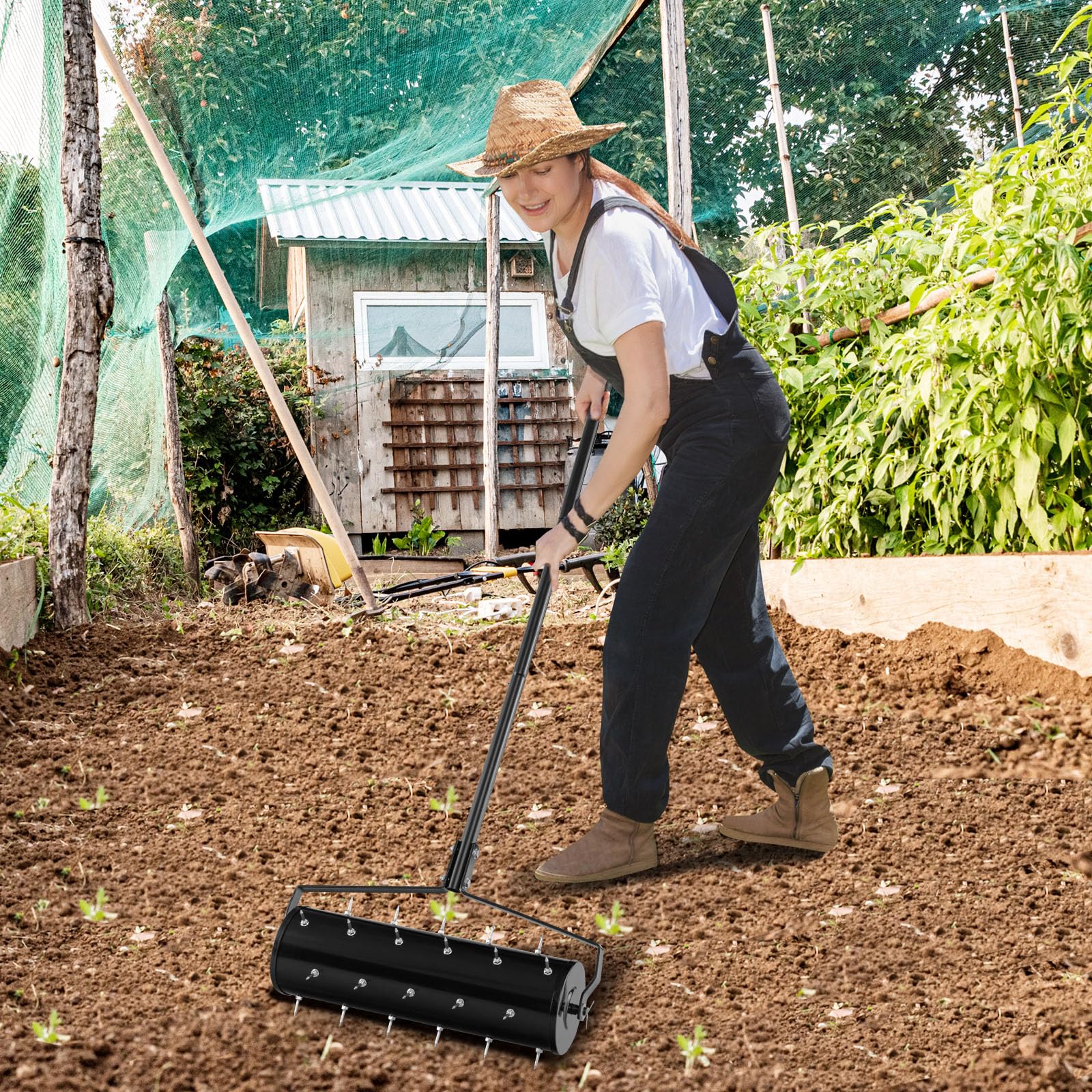 RELAX4LIFE Scarificateur Gazon Manuel 53CM avec Poignée &Rouleau à Pointes Rotatives, Rouleau Aérateur Gazon de Pelouse en Métal pour Jardin Cour Patio (6.8L | 53x130CM, Noir)