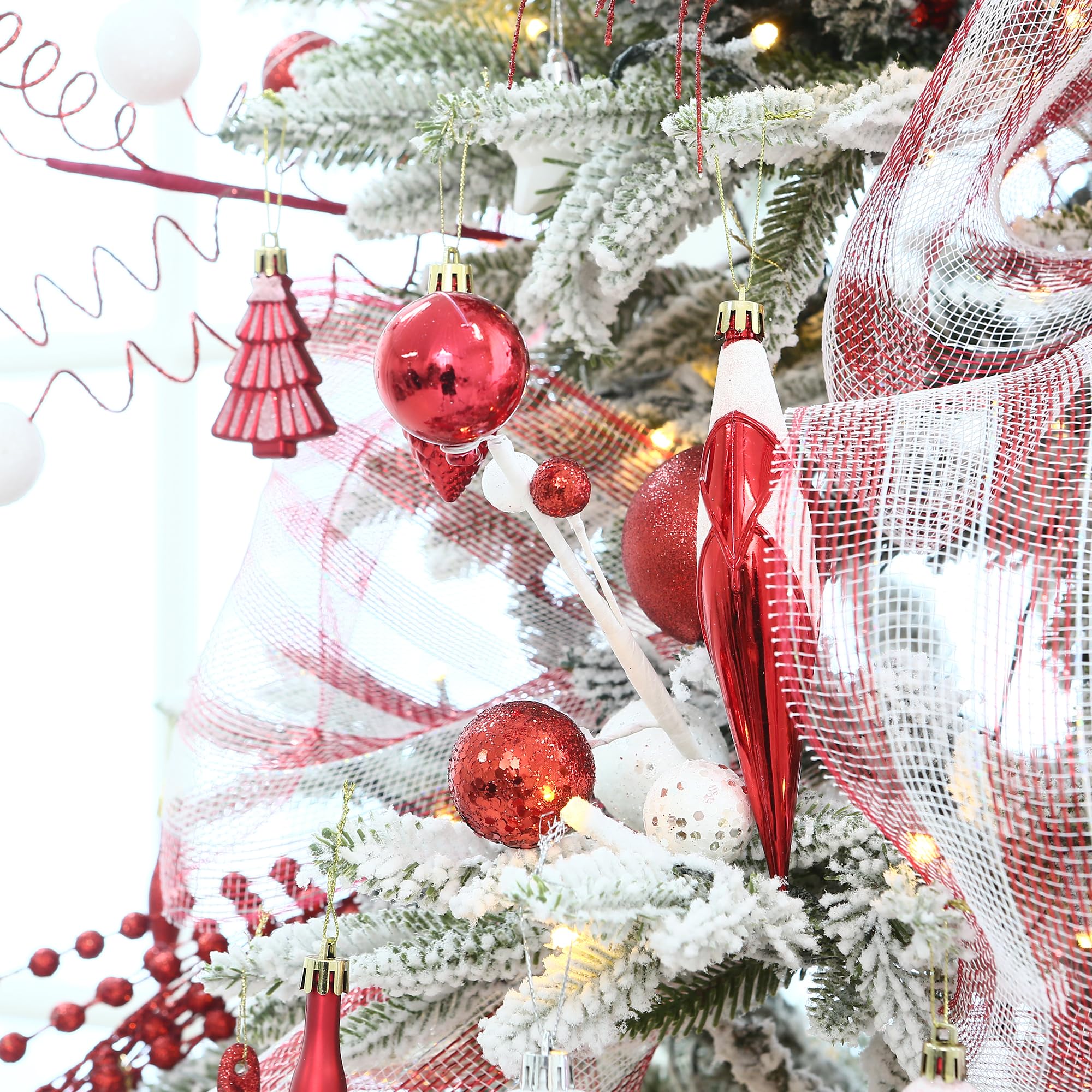 Sea Team Lot de 130 boules de Noël incassables assorties en plastique - Décoration de sapin de Noël, pendentifs, boules décoratives avec étoile de haut d'arbre pour sapin de Noël, guirlande (rouge)