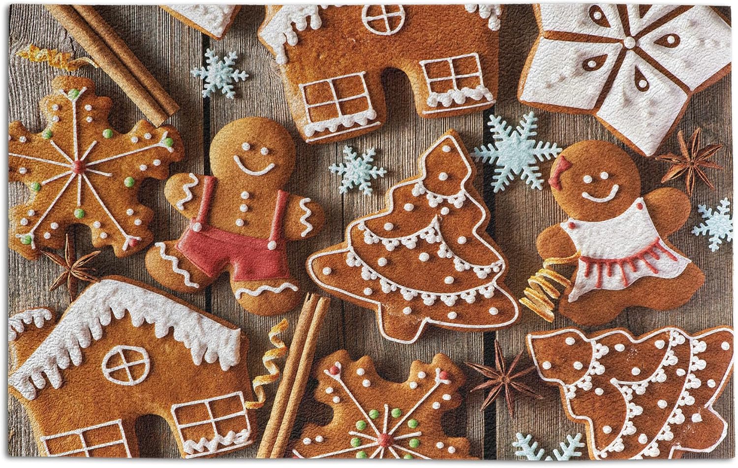 Ambesonne Gingerbread Man Doormat, Tasty Looking Traditional Cookies Little Snowflakes Cinnamon, Decorative Polyester Floor Mat with Non-Skid Backing, 30 X 18, Brown White
