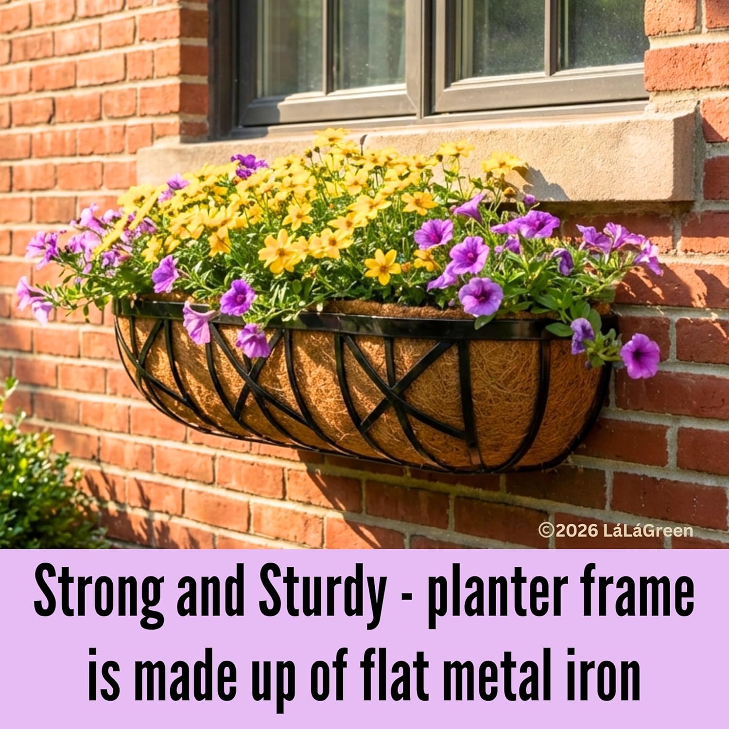 LaLaGreen Bundle- 2 Pack, 36 Inch Rectangular Metal Basket with Coco Liner + 2 Pack, 36 Inch Coconut Coir Insert Outdoor Hanging Flower Planters Rail Windows Deck Fence Wall Mount Balcony Garden Decor