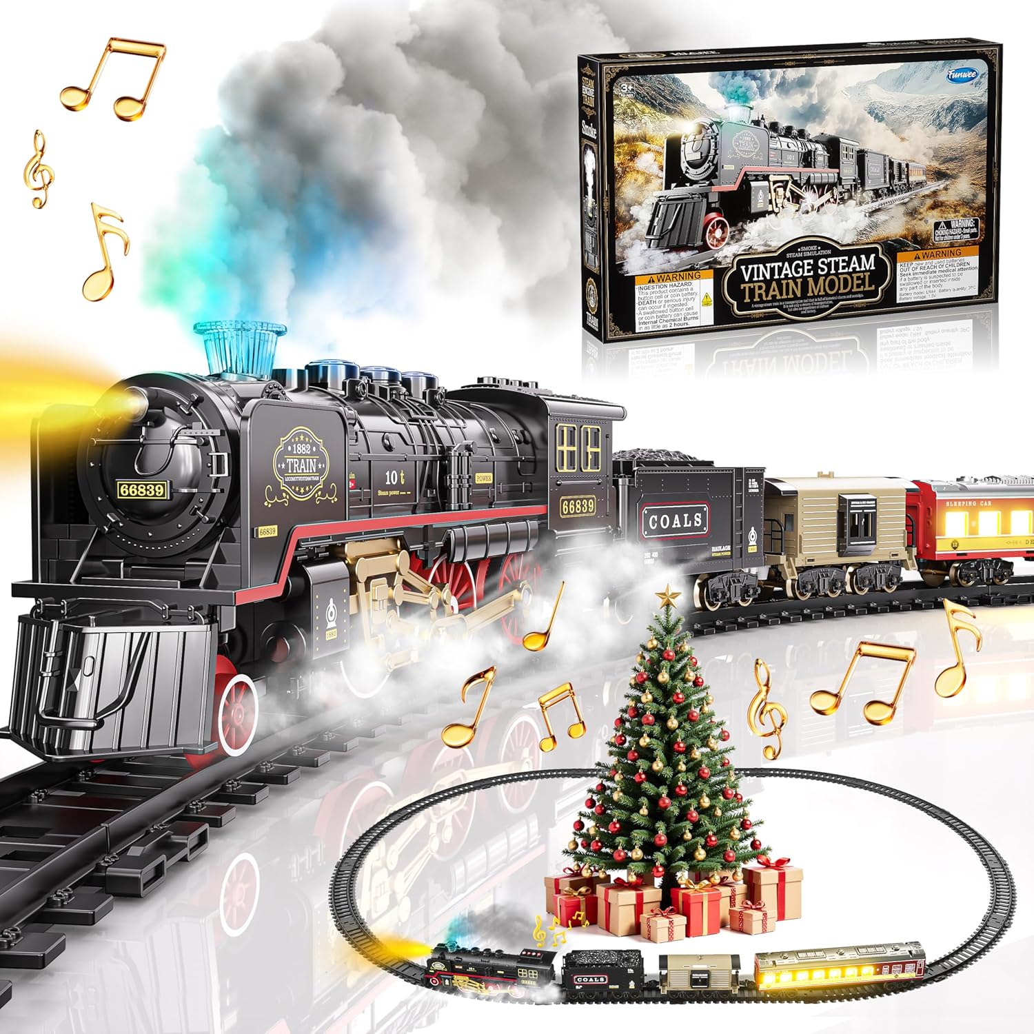 Funwee Electric Train Toy Set with Smoke, Lights, Sound and Track for Toddlers Ages 3-7