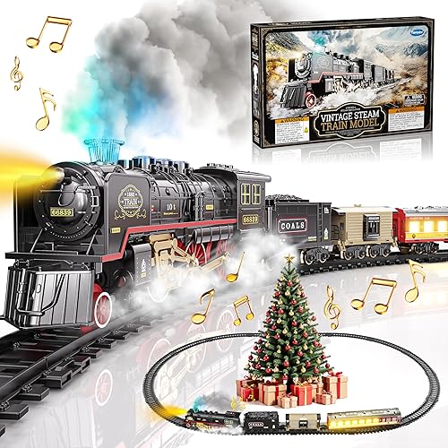Funwee Juguete de tren eléctrico con humo, luces y sonido, juego de tren para debajo del árbol de Navidad, modelo de tren de locomotora con pista,