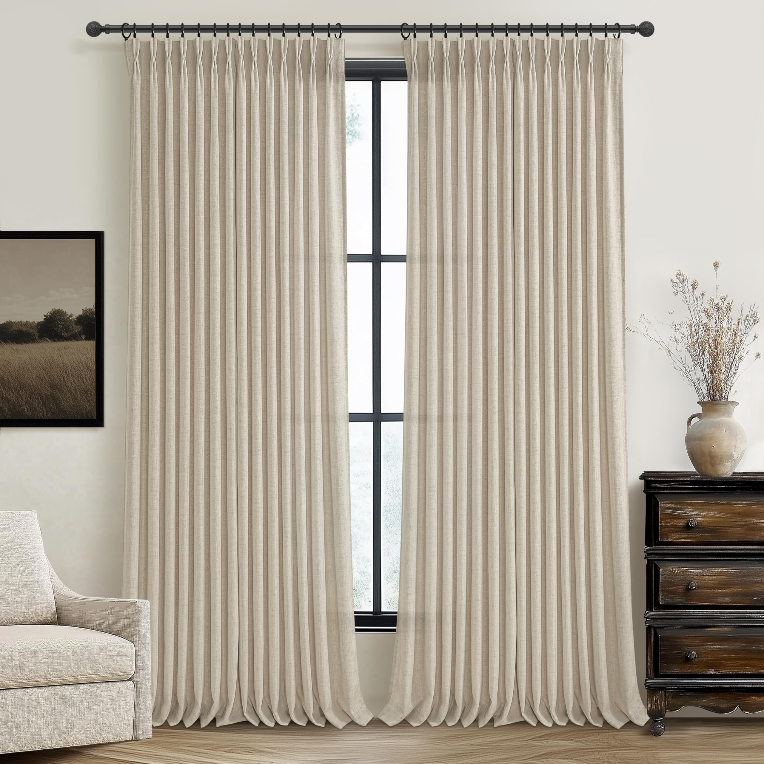 Extra Wide Linen Sheer Curtains 96 Inches Long 2 Panels Set for Bedroom, Luxury Warm Beige Pinch Pleat Viral Light Filtering Windows Curtain 70x96 Inch Length 2 Panels Set for Dining Room Drapes Decor
