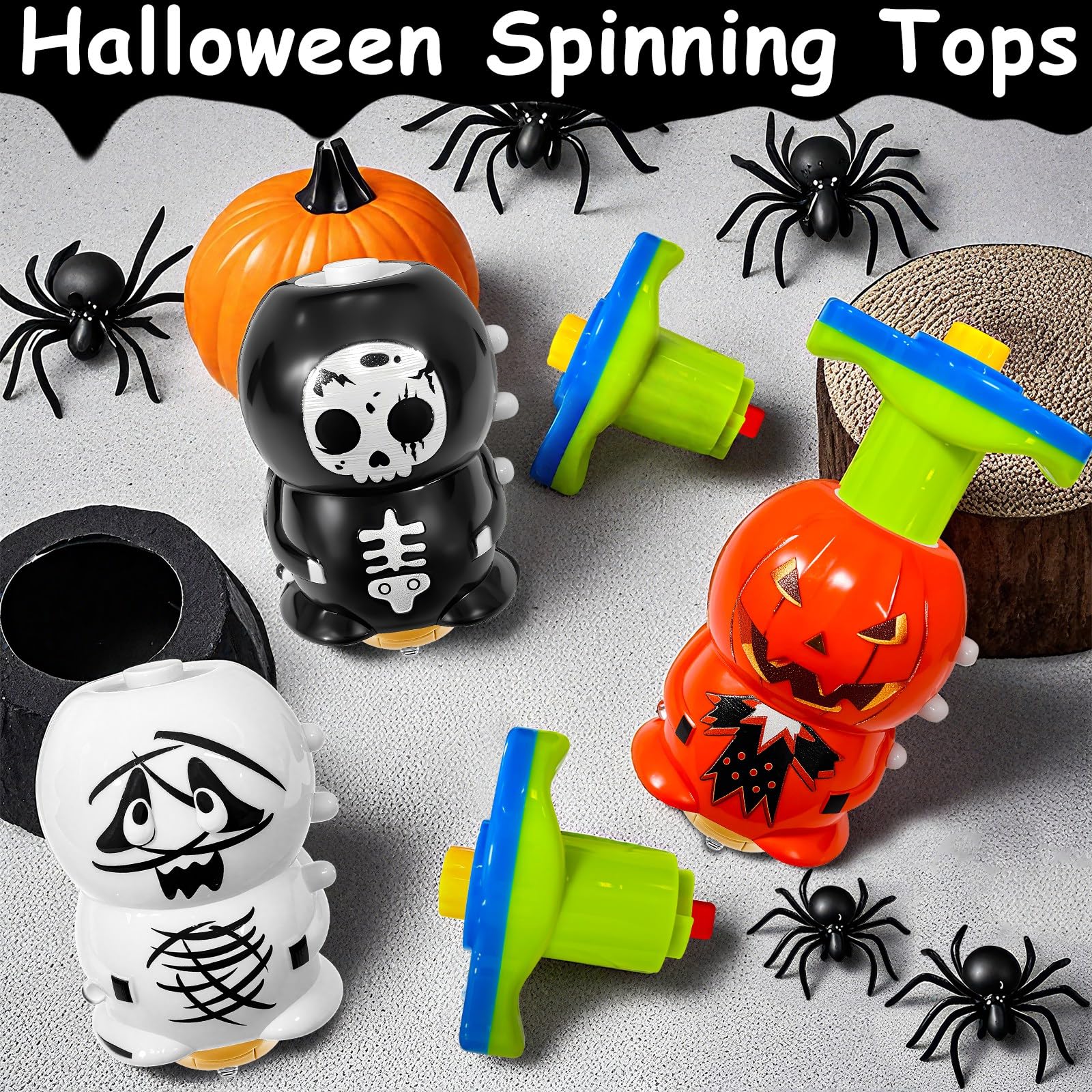 Lot De 3 Toupies LED Halloween – Citrouille Et Squelette, Lumières, Rotation Rapide, Dès 3 Ans, Sac Cadeau