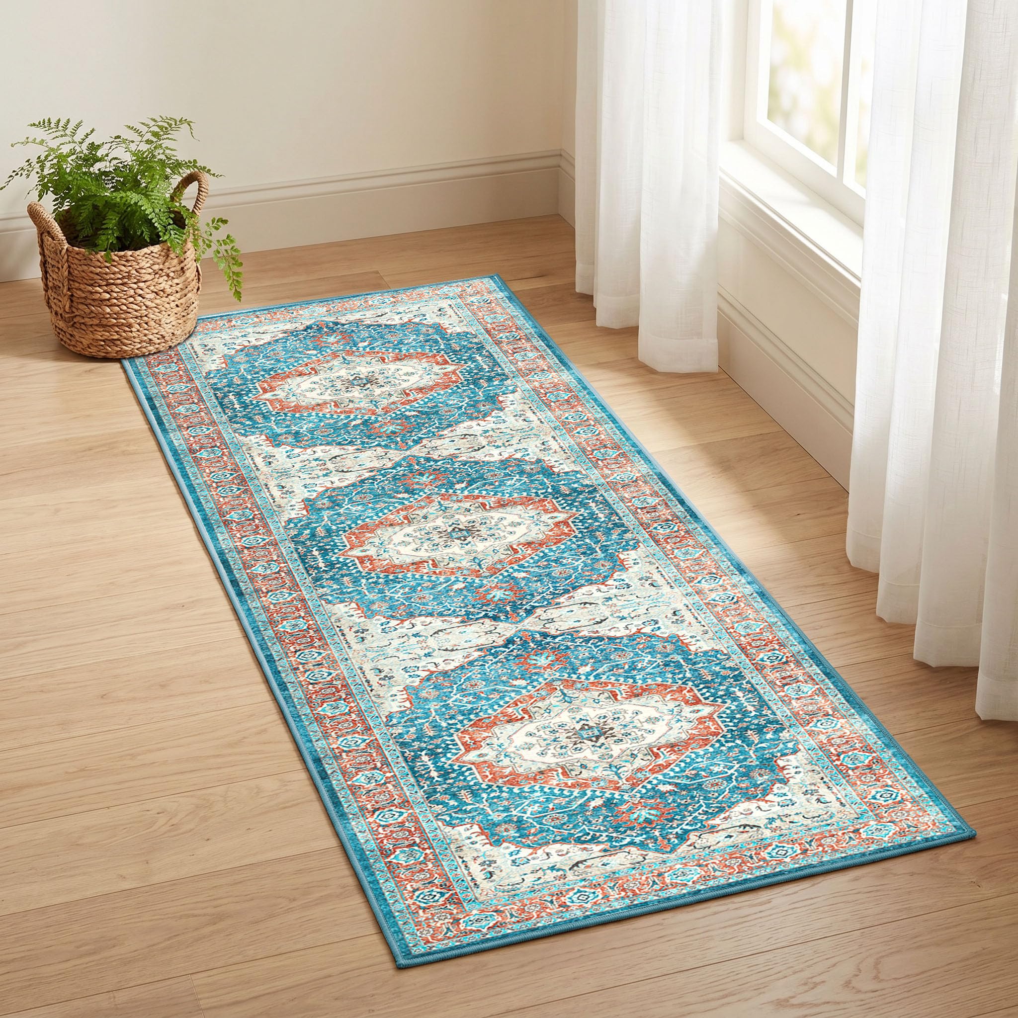 BedLooms Machine Washable Hallway Runner Orange Teal Rug 60x220 cm Regal Soft Touch Premium Quality Rugs for Living Room, Non Slip Carpet Runners for Bedroom, Dining Room Kids Room